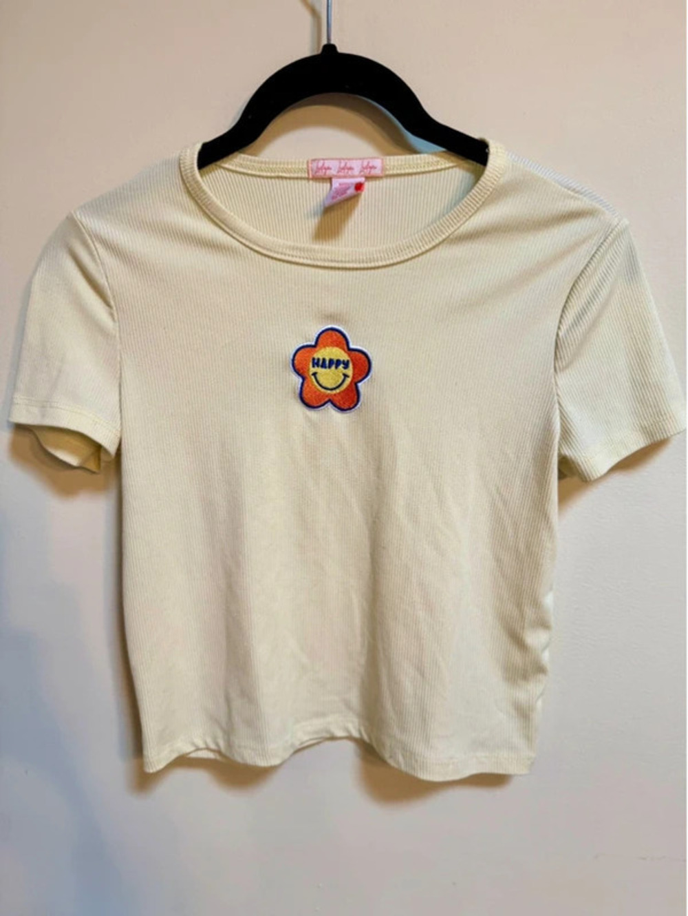 Pastel Yellow Ribbed Happy Flower Baby Tee Retro Smiley Top